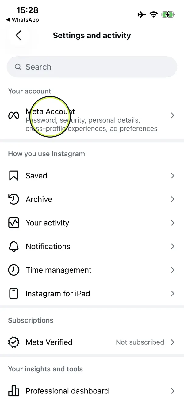 „Meta Account“ öffnen